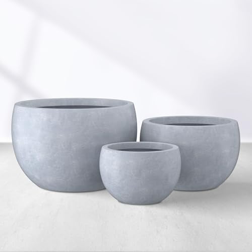 Kante Set of 3 Blue Gray Concrete Bowl Round Planters for Modern Home | Handcrafted, Premium, Durable, All-Weather Cement Pot, Drainage for Outdoor, Rubber Plug for Indoor Home, Anti-Frost & UV - color: Gray, size: 19.9"D + 15.7"D + 11.8"D