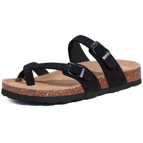 Litfun Women's Cork Footbed Sandals Comfortable Leather Summer Slides | Toe Loop, Arch Support, Slip On, Adjustable Buckle, Non-slip Rubber Sole, Comfy, Cushioned, Fashion, Casual - color: Black, size: 10