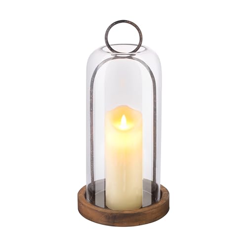 16" High Versatile Rustic Brown Metal Candle Holder with Handmade Sturdy Glass Dome And Shabb Brown Wooden Base for Pillar Candle & Plants, Industrial, Farmhouse, Shabby Chic, Display Cloche Bell Jars - color: Brown, size: 7"x16"