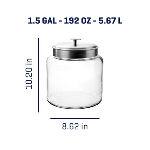 Anchor Hocking 1.5 Gallon Montana Glass Jar with Lid (2 piece, brushed metal, dishwasher safe) - size: 1.5 Gallon (Individual)
