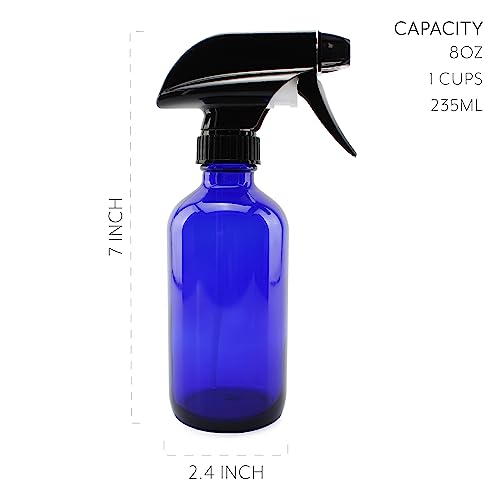 Cornucopia Brands 8-Ounce Cobalt Blue Glass Boston Round Spray Bottles (2 Pack) 3-Setting Heavy Duty Sprayers, Empty Refillable Bottle