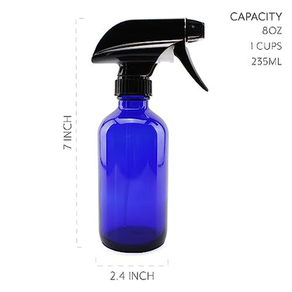 Cornucopia Brands 8-Ounce Cobalt Blue Glass Boston Round Spray Bottles (2 Pack) 3-Setting Heavy Duty Sprayers, Empty Refillable Bottle