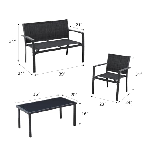 Greesum 4 Pieces Patio Furniture Set Outdoor Conversation Textilene Fabric Chairs for Lawn, Garden, Balcony, Poolside with A Glass Coffee Table, Black - color: Black, style: 4 Pieces