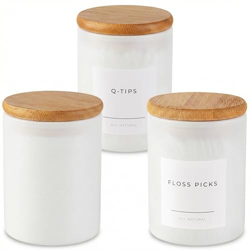Vase and Vessel Mini Glass Apothecary Jars with Bamboo Lids, Small Bathroom and Kitchen Storage Containers, For Cotton Balls, Pads and Swabs, 10 oz, Set of 3, White - color: White