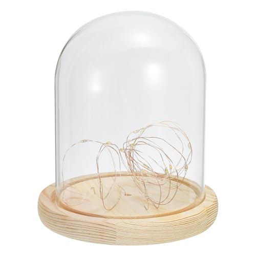 PATIKIL 6.1"x4.7" Clear Cloche Glass Dome, Glass Bell Jar Display Case Tabletop Centerpiece with Wood Base and LED Fairy Light for Wedding Home Decor - size: 6.1x4.7"