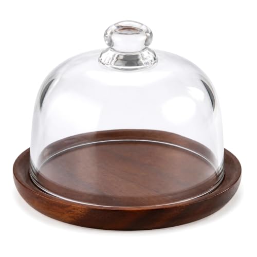 QWORK 6 Inch Small Cake Stand with Glass Dome, 6.1" Wood Serving Tray and Clear Cloche for Cupcakes, Dessert, Cheese, Pastry – Decorative Tabletop Display Plate