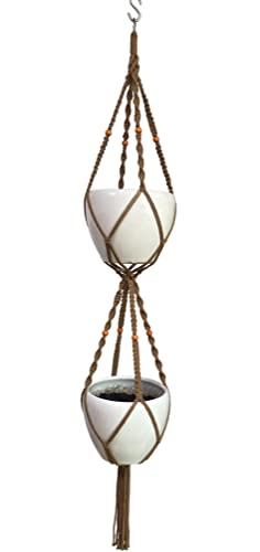 Macrame Plant Hanger & Holder, Hanging Planter 4 Legs Double Deck for 8 inch to 10 inch Two Pots Indoor Outdoor Hanging Planter Hemp Rope 67 Inch with Metal Ring (Brown)
