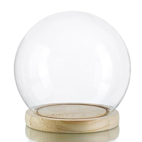 Round Glass Dome with Base, 6" Glass Dome Display Cloche with Wood Base
