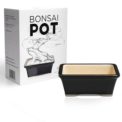 Glazed Ceramic Bonsai Pot, Black Rectangular Bonsai Planter for Home | Durable Bonsai Tree Pot with Drainage for Succulents & Small Plants; Elegant Black Rectangular Planter for Indoor & Outdoor - color: Black