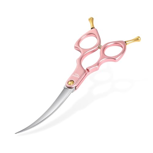6.5'' Small Curved Dog Grooming Scissors Pink | Professional Trimming Shears, Ultra-Lightweight Offset Handle, CNC 440C Stainless Steel Blades, For Face and Paws - color: Pink Curved