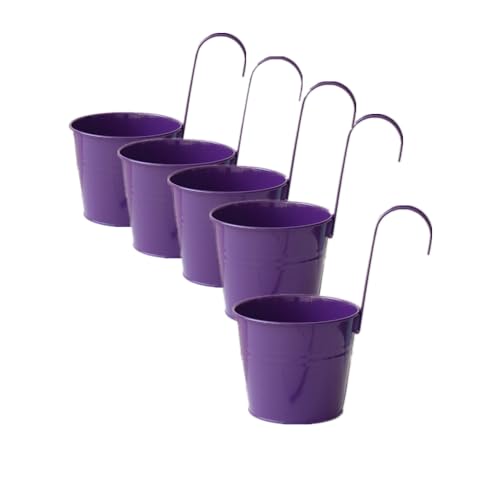 Vintage Hanging Cup Holders with Removable Hooks -5 Pack Metal Iron Buckets Hanging Flower Pots Wall Fence Hanging Planter-Storage Box, Drainage Holes -5''Diameter Vase Decoration (Deep Purple) - color: Deep Purple