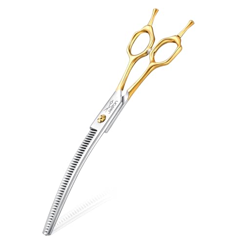 JASON Curved Dog Thinning Scissors - 7" Grooming Shears Ergonomic Updated - color: Gold-7" Curved Thinning, size: 7