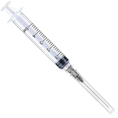 100 Pack - 5ml/cc Luer Lock Plastic Syringe with Needle 22Ga, Lab Measuring Tools for Industrial Dispensing, Science Lab and Plant Injection Supplies - size: 5ml 22ga