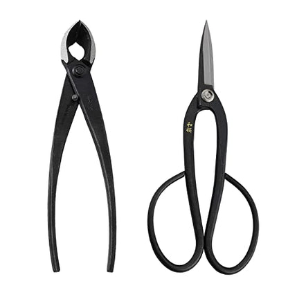 Wazakura Bonsai Tool Kit Made in Japan, Yasugi Steel Ashinaga Bonsai Scissors 8.2 inch (210mm) + Concave Branch Cutter 8 in (200mm) Starter Set (Yasugi Steel Ashinaga Scissors + Concave Branch Cutter)