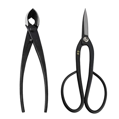 Wazakura Bonsai Tool Kit Made in Japan, Yasugi Steel Ashinaga Bonsai Scissors 8.2 inch (210mm) + Concave Branch Cutter 8 in (200mm) Starter Set (Yasugi Steel Ashinaga Scissors + Concave Branch Cutter)