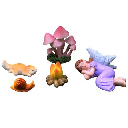 Miniature Fairy Garden Decorations Set, 5-Piece with Sleeping Fairy, Pink Mushrooms, Glowing Bonfire, Squirrel, and Snail, for Girls Fairy Garden Accessories - style: Sleeping Fairy Set 5pcs