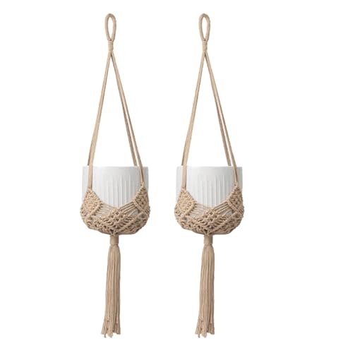 2 Pack Macrame Hanging Planters, Caramel | With Patterns, Crochet Boho Style, Plant Holder Hanging Basket, Up to 6 Inch Pots - color: Caramel