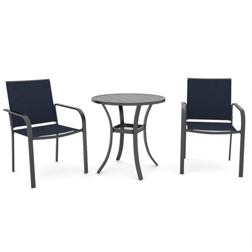 Anmutig 3 Piece Outdoor Bistro Set, 27.5" Round Metal Table, Blue Chairs - color: Blue Fabric + Black Frame, size: 27.5"*27.5"*28"