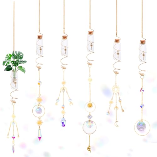DICOSMETIC 6Pcs 6 Styles Hanging Plant Propagation Station Wishing Bottle with Crystal Ball Prisms Suncatcher Glass Hanging Propagation Tubes Vases with Gold Metal Chain for Home Indoor Decor - size: 55.5~65cm