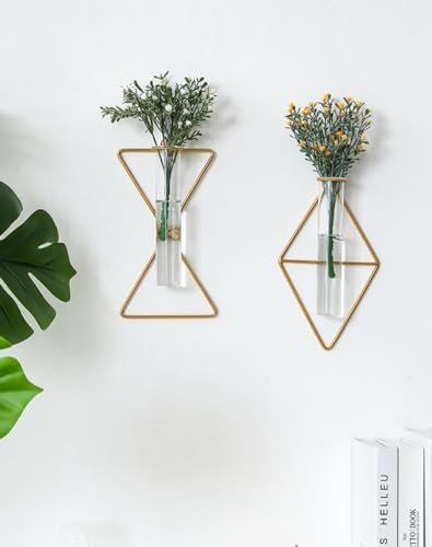 yaooral 2 Pack Luxury Nordic Hanging Wall Mounted Gold Flower Vase | Metal Frame Glass Tube/Minimalist/Cute Exquisit Pretty/Geometric Hydroponic Bud Vase Decor for Wall Home Wedding Farmhouse - style: triangle rhombus