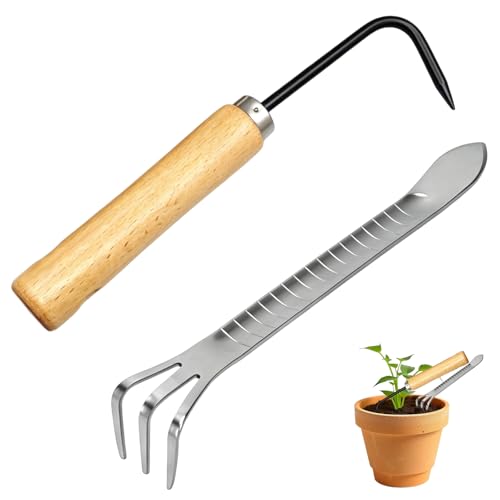 Bonsai Root Rake, Bonsai Tools, Root Hook for Soil Loosening, Rake and Pic | Bonsai Root Hook, Three-Prong, Stainless Steel, Single Hook, Succulent, Heavy Duty, Japanese Bonsai Tools, 2 Pack, Small Rake