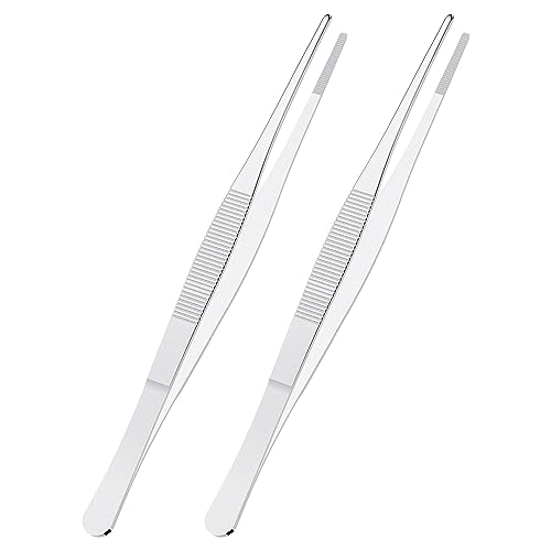 2 PCS 7.1" Stainless Steel Tweezers, Straight Blunt, 3/64" Thick | Round Serrated Tip, Multipurpose Daily Garden Home Lab Craft Repairing Tool - size: 7.1"L(3/64"T)