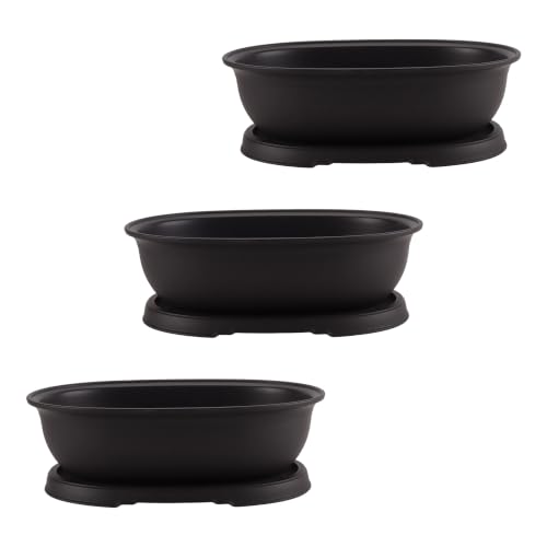 3 Set 14 x 10 Inch Large Bonsai Pots, Oval Built in Mesh Plastic Bonsai Training Pots with Trays, Plant Flower Tree Growing Bonsai Planter for Garden Supplies, Yard, Office, Room, Balcony