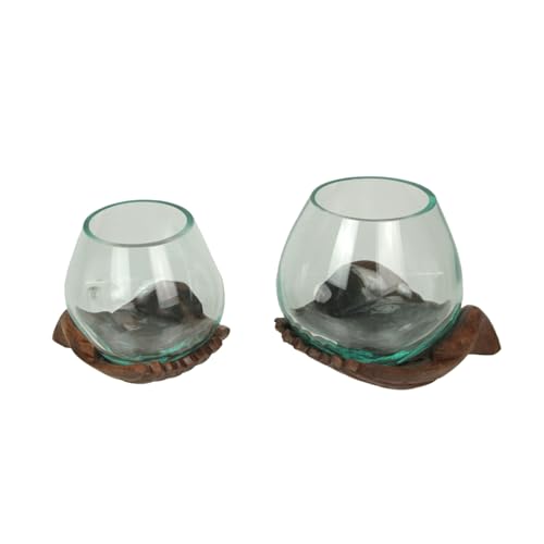 Set of 2 Decorative Vase Bowls, 5 and 6 Inch Molten Glass on Wood Hands - size: 6 Inch & 5.25 Inch