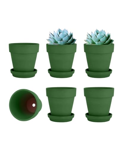 vensovo 4 Inch Small Green Terracotta Plant Pots with Saucer - 6 Pack Clay Flowerpots with Drainage, Great for Indoor Outdoor Plants, Crafts, Wedding Favor - color: Green