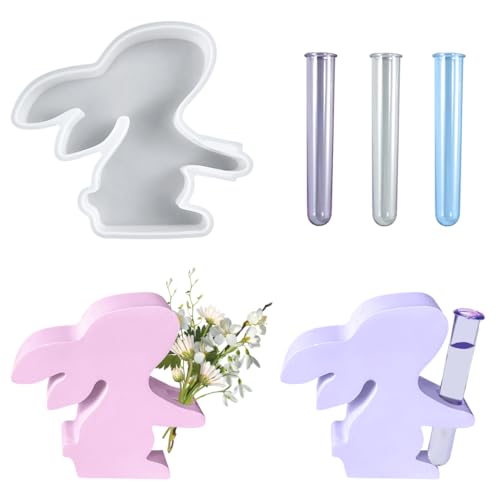 Rabbit Mold Vase Resin Mold with 3 Test Tubes, Planter Silicone Mold for DIY Plant Propagation Station, Flowers Preservation, Office Home Decoration, Easter Gift (Rabbit)