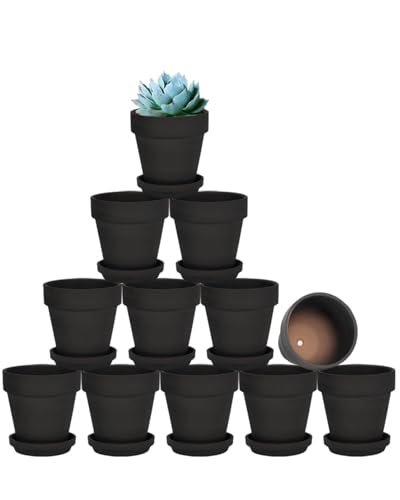 3 Inch Black Terracotta & Clay Pots with Saucer, 12 Pack | Clay Flowerpot with Drainage, Nursery pot for succulents, cactus, herbs, seedlings, Crafts, Wedding Favors - color: Black