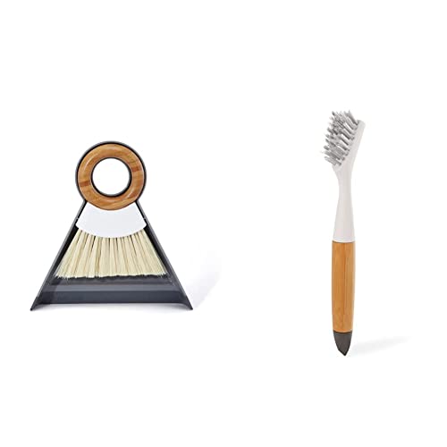 Full Circle and Brush Set, White Tiny Team Mini Dustpan and Micro Manager Home & Kitchen Detail Cleaning Brush, White