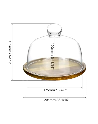 QWORK Glass Dome Cloche with Acacia Wood Tray – 7" Cover for Cakes, Cheese & Table Display