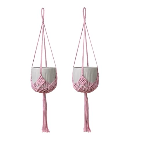 2 Pack Macrame Hanging Planters, Pink | With Patterns, Crochet Boho Style, Plant Holder Hanging Basket, Up to 6 Inch Pots - color: Pink