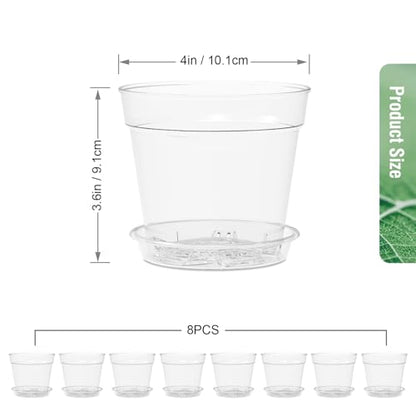 WSMKSZ 4 Inch Clear Nursery Pots, 8 Pack Highly Transparent Plant Pots for Small Indoor Plants with Drainage Holes and Trays, Plastic Seedling Starter Planters for Flowers - size: 4inch 8pcs