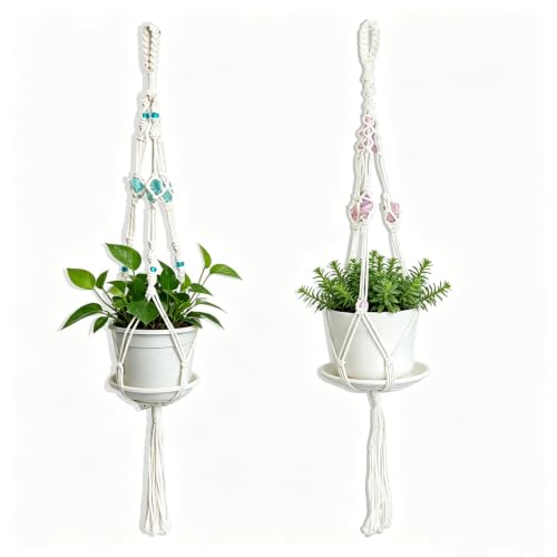Macrame Plant Hanger, Boho Hanging Planters, Indoor Plant Holders, 35.4" - color: Beige With Pink Nave Blue Beads