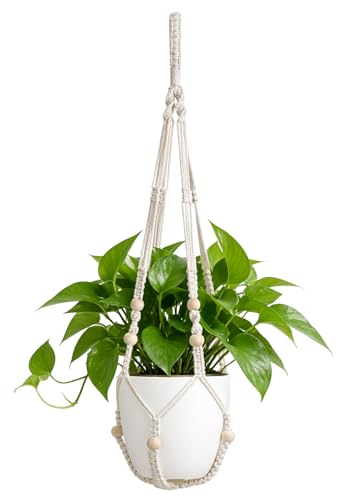 Mkono Macrame Plant Hanger Indoor, 29 Inch Hanging Planter Holder Ivory | Hanging Plant Basket with Decorative Wood Beads, No Tassels, Boho Home Decor, Indoor & Outdoor Use, Flower Pots NOT Included - color: Ivory