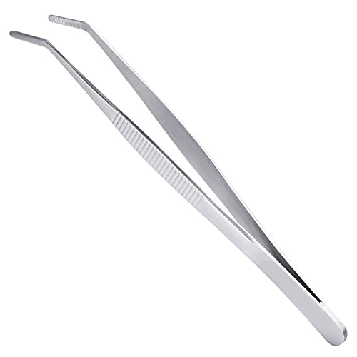 7 Inch Bent Tip Long Forceps Tweezers, Serrated Flat Tips Precision Curved Surgical Tongs Jewelers Needle Metal Sewing Sharp Kitchen Cooking Tweezers With Teeth Knurled Handles (1PCS-180mm) - color: Bent -1pcs-7.1inch