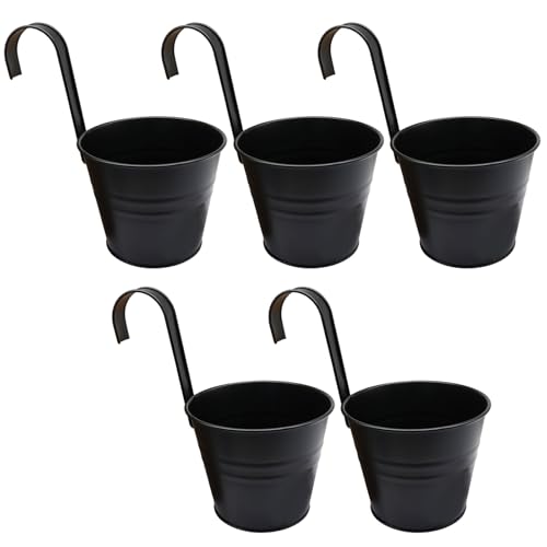 5 Inch Hanging Flower Pots, 5 Pcs, Metal Buckets, Black | Removable Hooks, Drainage Holes, For Wall, Fence, Balcony, Patio Home Decor - size: 5 Inch