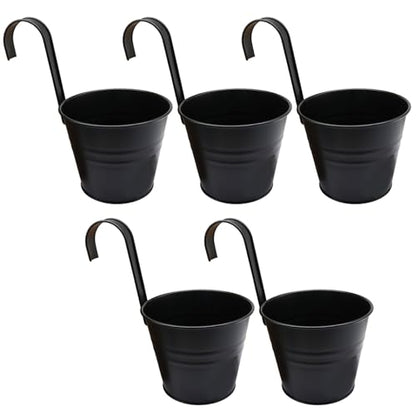 5 Inch Hanging Flower Pots, 5 Pcs, Metal Buckets, Black | Removable Hooks, Drainage Holes, For Wall, Fence, Balcony, Patio Home Decor - size: 5 Inch