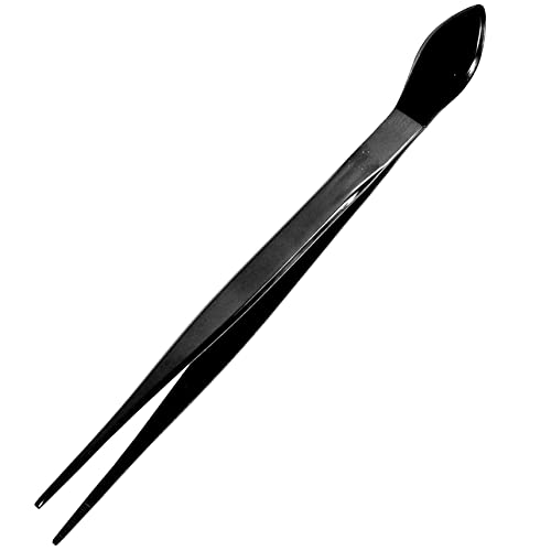 KAKURI Bonsai Tweezers Straight Serrated Tips with Spatula 8.8" - Made in Japan - Professional Bonsai Care Tool - Black Coated Japanese Stainless Steel - color: Black (Straight)