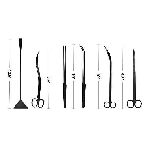 Aquascaping Tools 7 in 1 Kit Aquarium Plant Scissors Tools Set Curved & Waved Scissor Tweezers Spatula Stainless Steel Anti Rust Tools for Aquascape Black