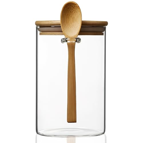 25 oz/750 ml Glass Storage Canister with with Airtight Lid, Cute Clear Decorative Container Jar with Wooden Spoon for Coffee Spice Candy Salt Cookie Condiment Sugar Matcha Tea Overnight Oats - color: 25 oz/750 ml | 1pcs