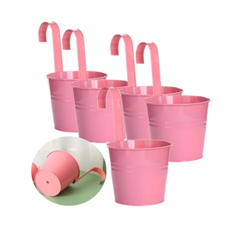 Leoyoubei Hanging Flower Pots for Outdoor Indoor Plants with Removable Hooks -5 Pack Metal Buckets Plant Pots Wall Fence Home Decor-Storage Box,Drainage Holes -5''Diameter (Pink) - color: Pink