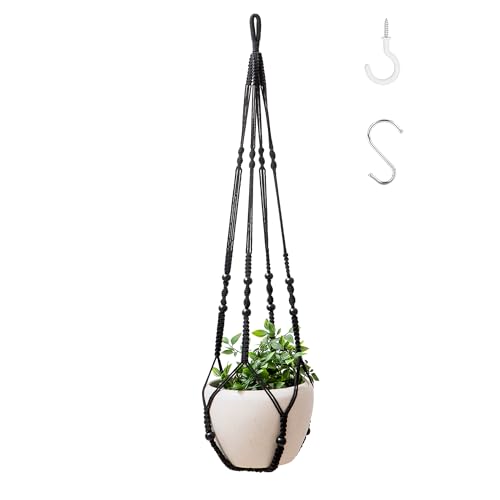43 Inch Macrame Plant Hanger Indoor, Large Size No Tasselss Crochet Cotton Rope Hanging Planter Basket, Decorative Flower Pot Holder for Boho Home Decor (with 2 Hooks) - color: Black