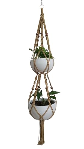 1 PCS 6 Legs Macrame Plant Hanger Jute Double Tiers Plant Hanger & Plant Holder with 6 pcs Round Brown Wood Bead, Hanging Planter 65-inches for 8 inch and 10 Inch Plant Pot (Without Pot)