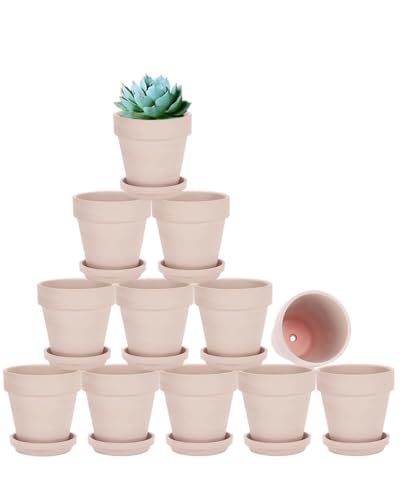 3 Inch Pink Terracotta & Clay Pots with Saucer, 12 Pack | Clay Flowerpot with Drainage, Nursery pot for succulents, cactus, herbs, seedlings, Crafts, Wedding Favors - color: Pink