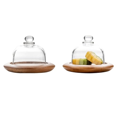2 Pack 5.1 Inch Mini Glass Cloche Dessert Display Plates with Acacia Wood Base, Small Cake Dome Set with Lid for Macarons, Candy, Cheese Bites, Cookies, Tea Parties, Wedding Dessert Table - color: 2 Sets 5.1inch Mini Glass Dessert Dome