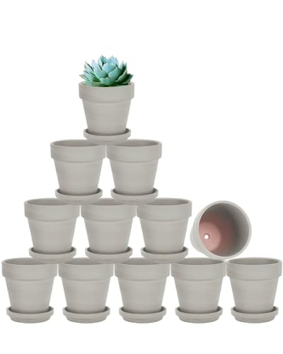 vensovo 3 Inch Grey Terracotta & Clay Pots with Saucer, 12 Pack - color: Gray