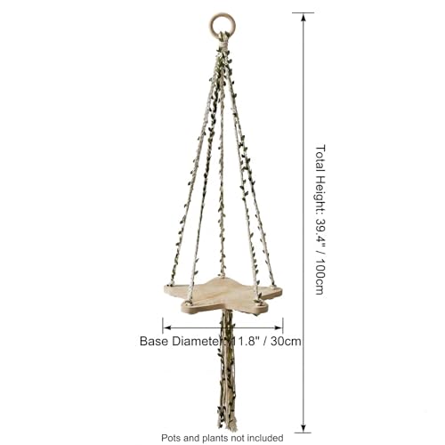 39 Inch Macrame Plant Hanger - Wooden Star Base Tray with Decorative Faux Leaf Vines, Boho Hanging Planter Holder for Indoor Plants - Wood and Cotton Rope